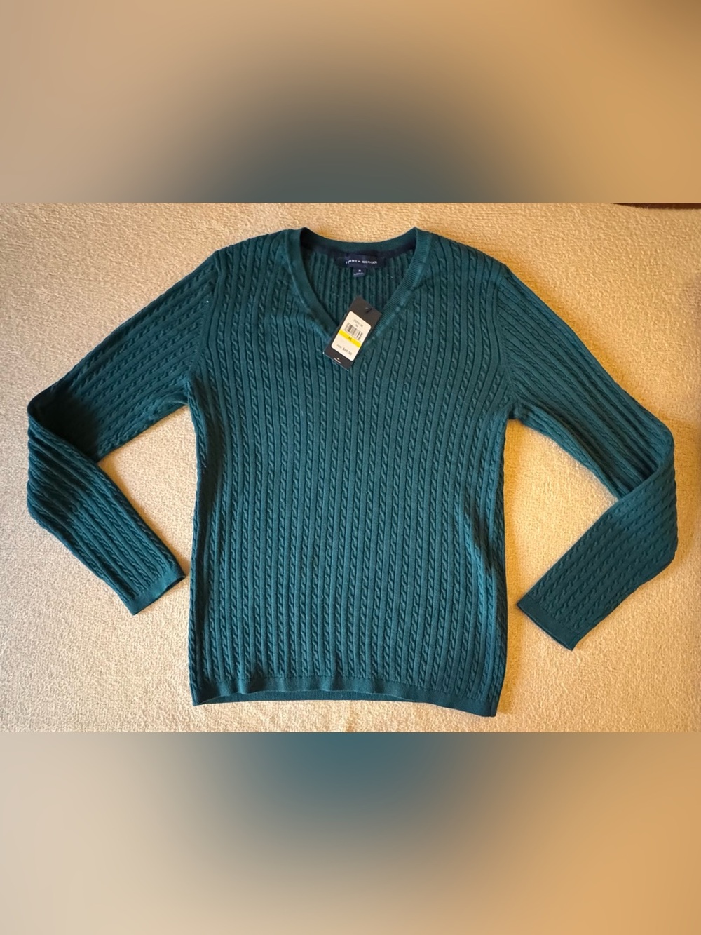 Tommy Hilfiger Deep Teal Cable V-Neck Sweater